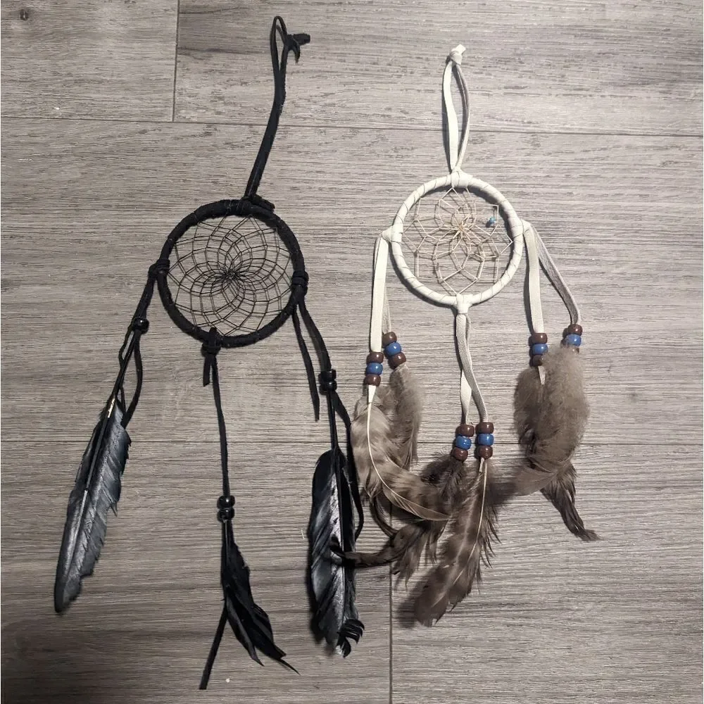 lot #105 Handmade set of 2 Leather Dreamcatchers with Feathers Beads Accents